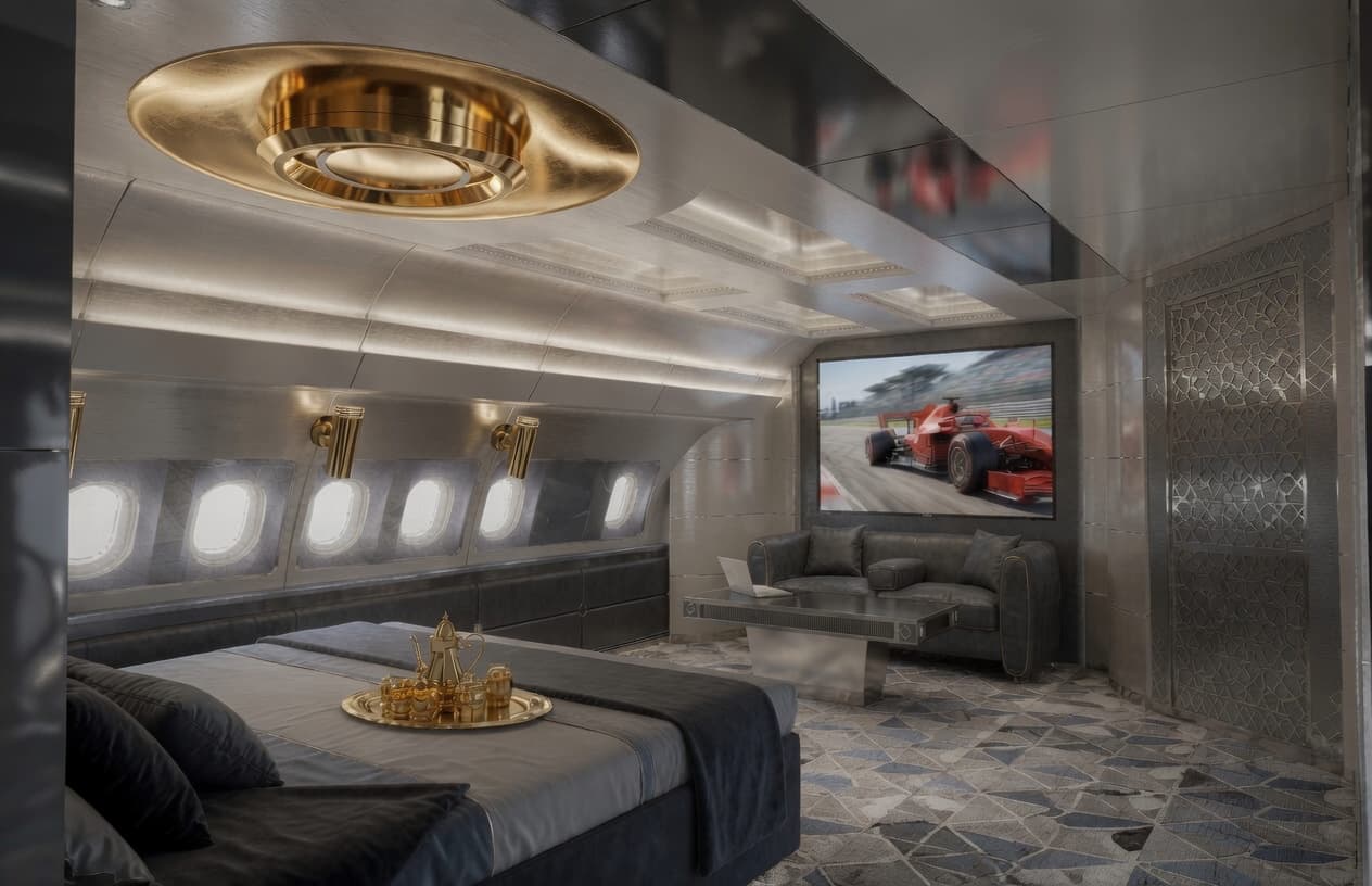 Head of State aircraft private bedroom suite — VVIP bedroom with large bed and lounge area