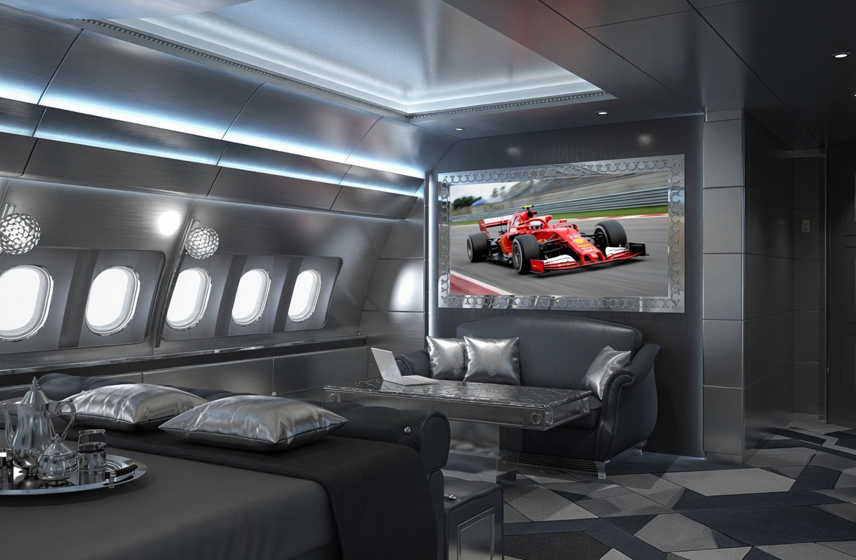 VIP aircraft master suite — silver and grey completion interior
