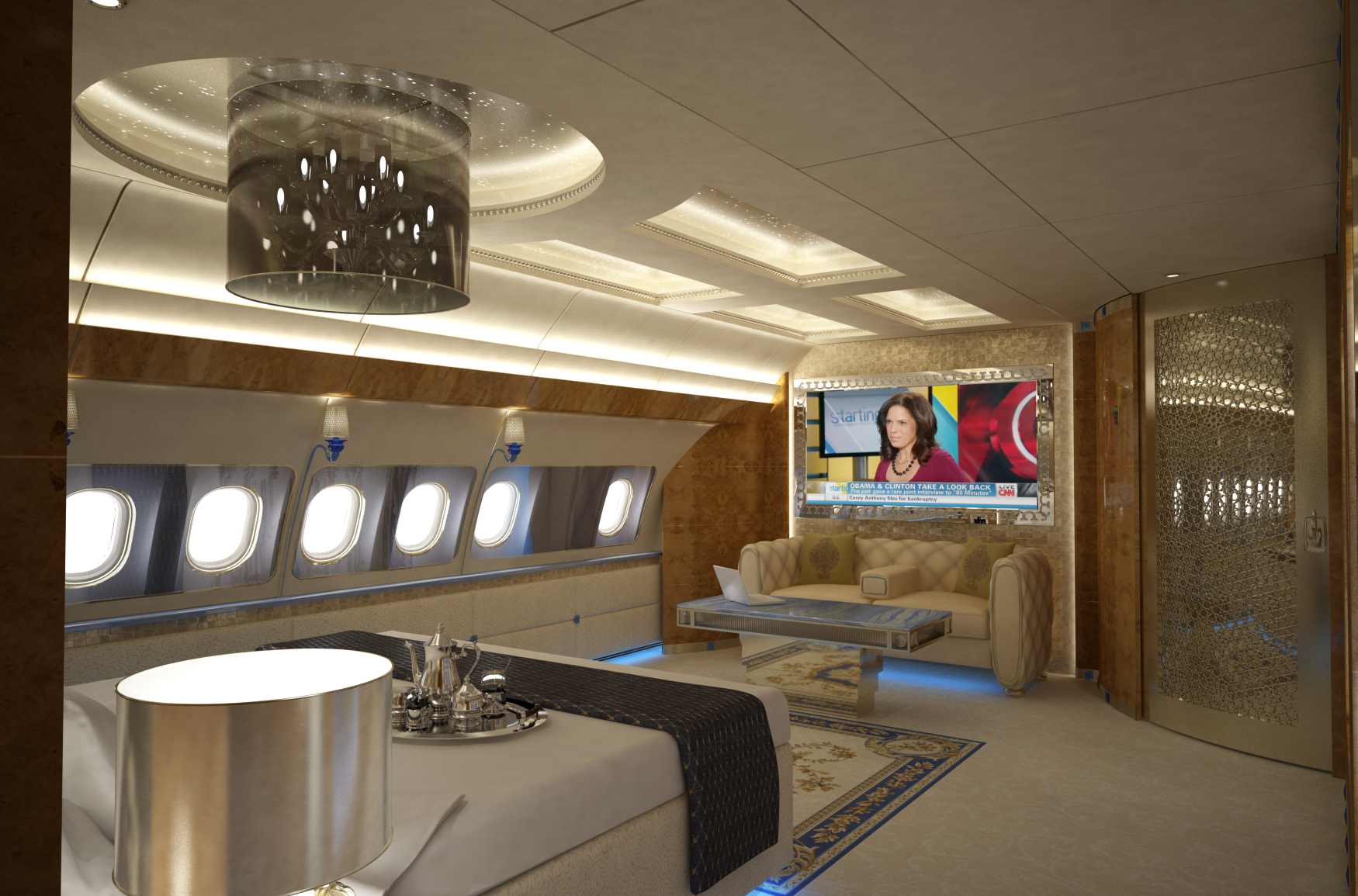 Head of State aircraft private bedroom suite — A340 VVIP bedroom with large bed and lounge area